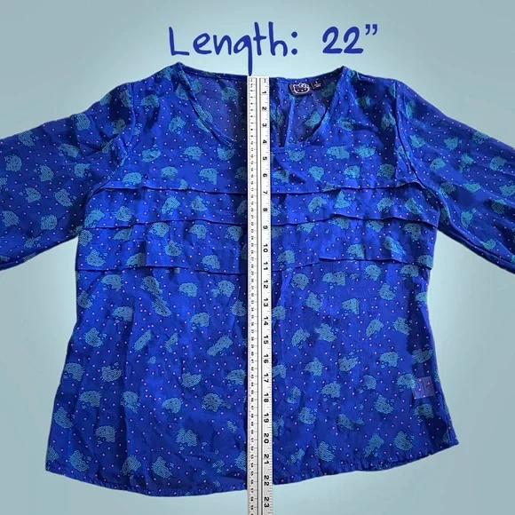 Hello Kitty Sheer Cobalt Blue Ruffle Blouse Women's L, Fits Like M, Pink‎ Hearts - Picture 5 of 10